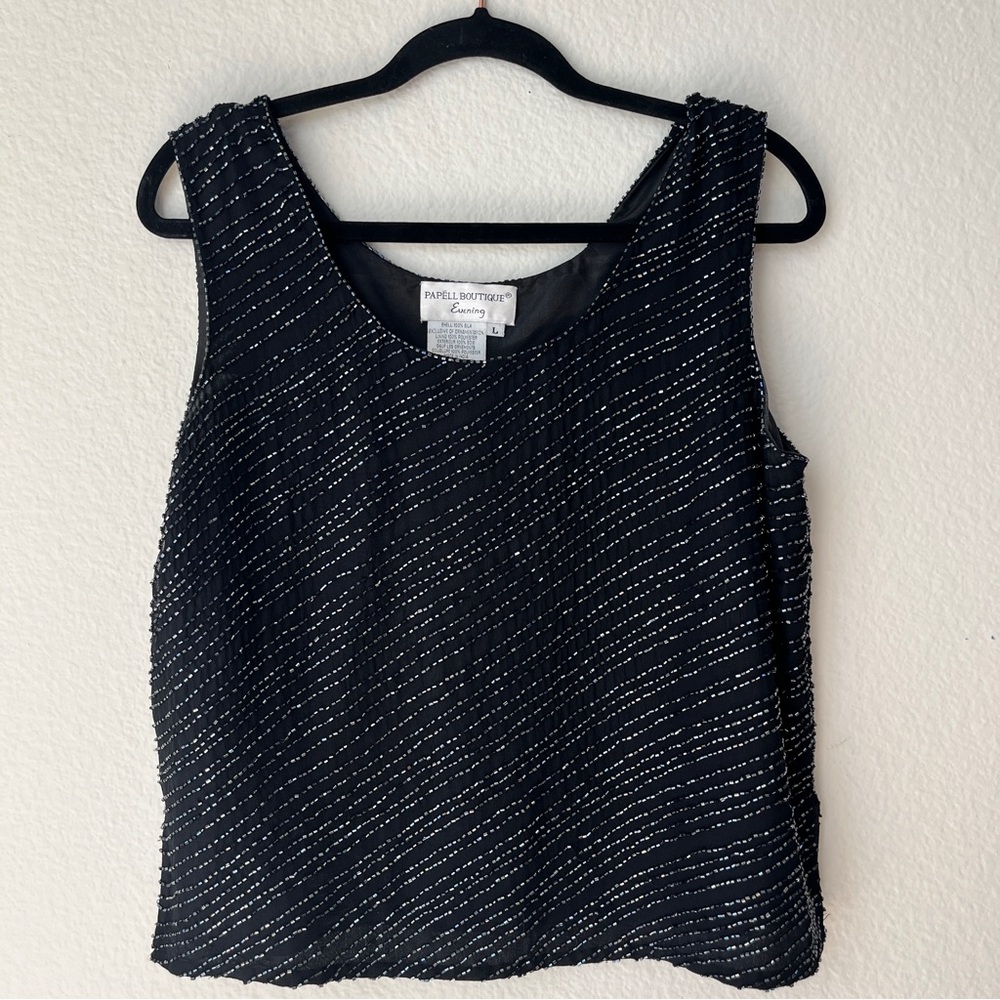 Papell Boutique Silk Beaded Sleeveless Evening Blouse L Quiet Luxury Capsule‎